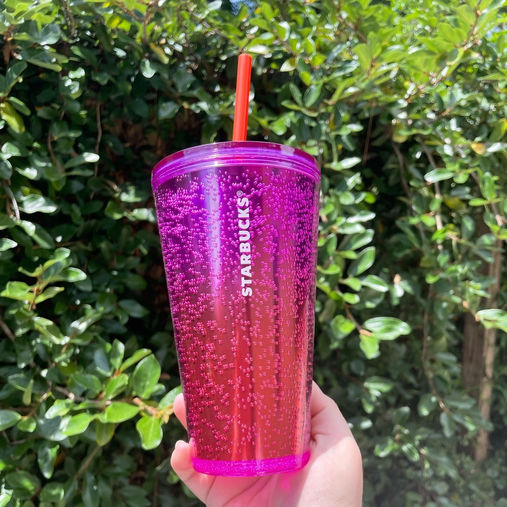 NEW Starbucks Ombre Pink Purple Bubbles Grande Tumbler 16oz with Orange Straw